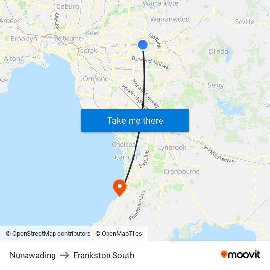 Nunawading to Frankston South map