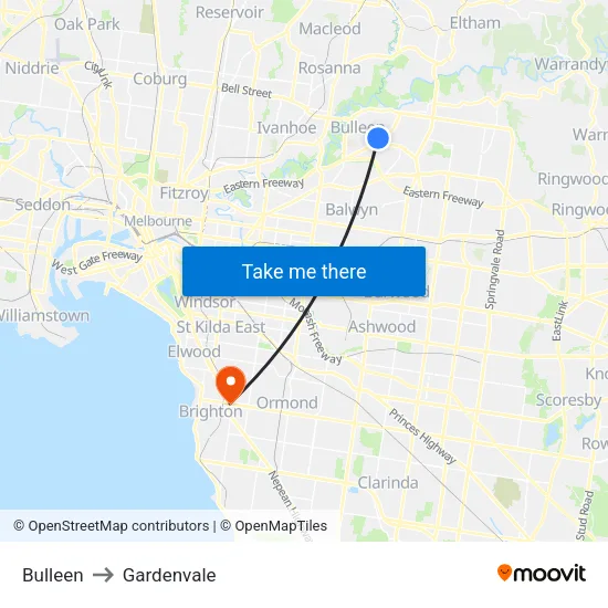 Bulleen to Gardenvale map
