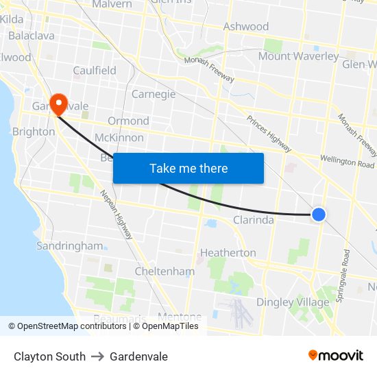 Clayton South to Gardenvale map
