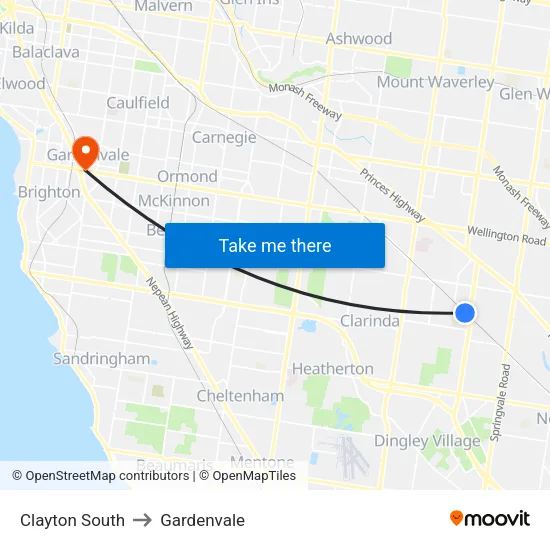 Clayton South to Gardenvale map