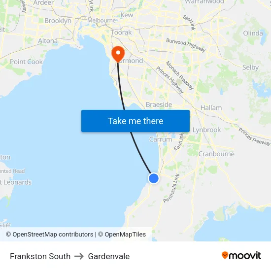 Frankston South to Gardenvale map