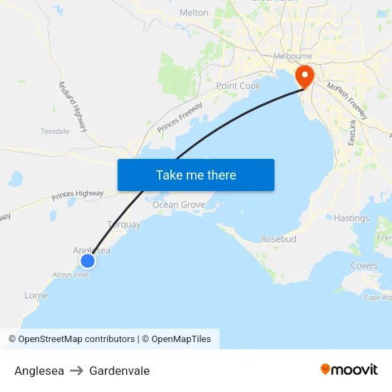 Anglesea to Gardenvale map