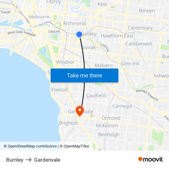 Burnley to Gardenvale map