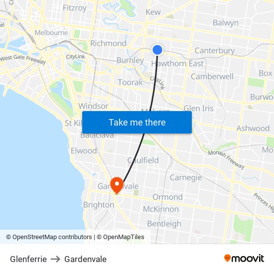 Glenferrie to Gardenvale map