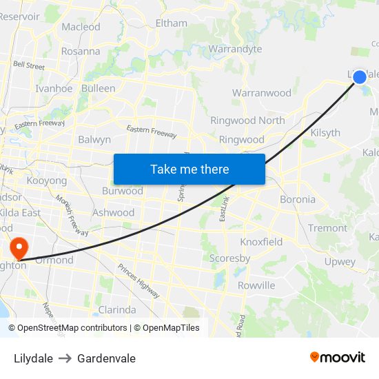 Lilydale to Gardenvale map