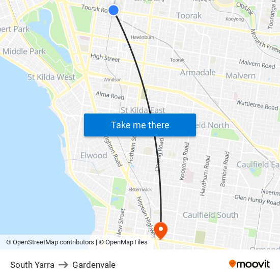 South Yarra to Gardenvale map