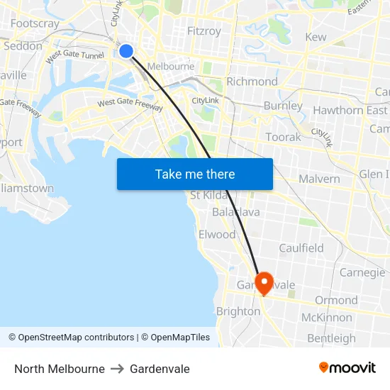 North Melbourne to Gardenvale map