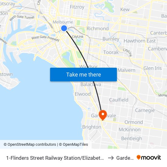 1-Flinders Street Railway Station/Elizabeth St (Melbourne City) to Gardenvale map