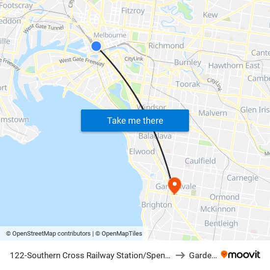 122-Southern Cross Railway Station/Spencer St (Melbourne City) to Gardenvale map