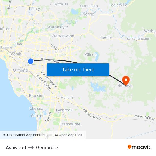 Ashwood to Gembrook map
