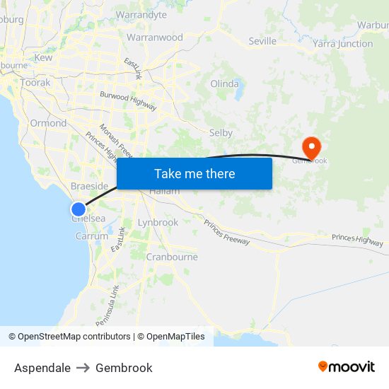 Aspendale to Gembrook map