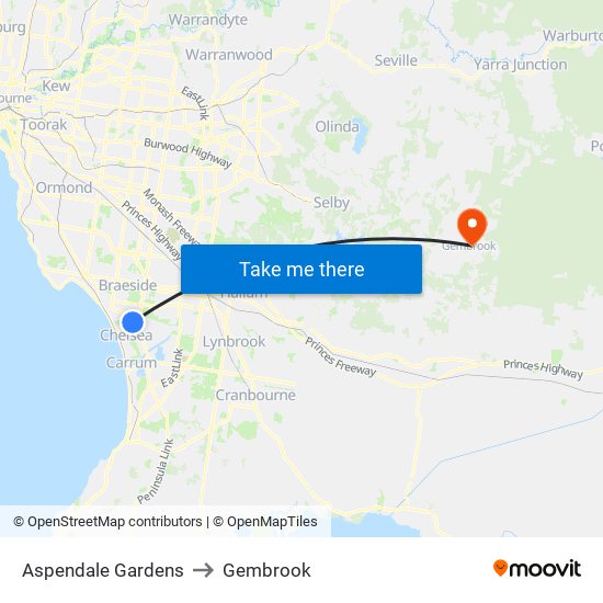 Aspendale Gardens to Gembrook map