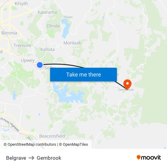 Belgrave to Gembrook map