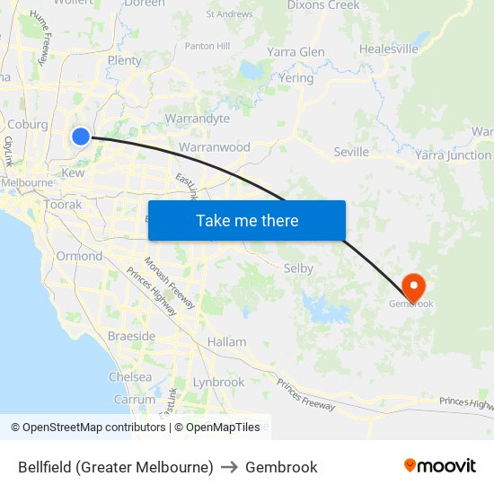 Bellfield (Greater Melbourne) to Gembrook map