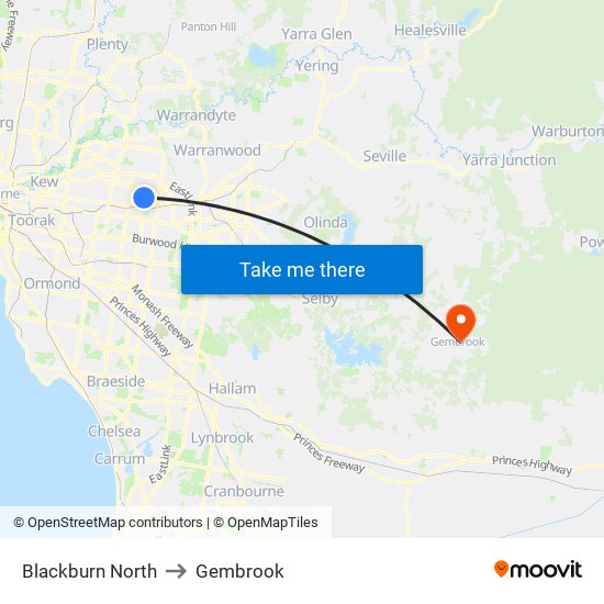 Blackburn North to Gembrook map