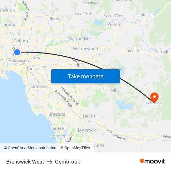 Brunswick West to Gembrook map