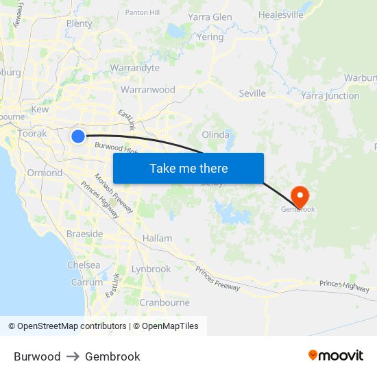 Burwood to Gembrook map