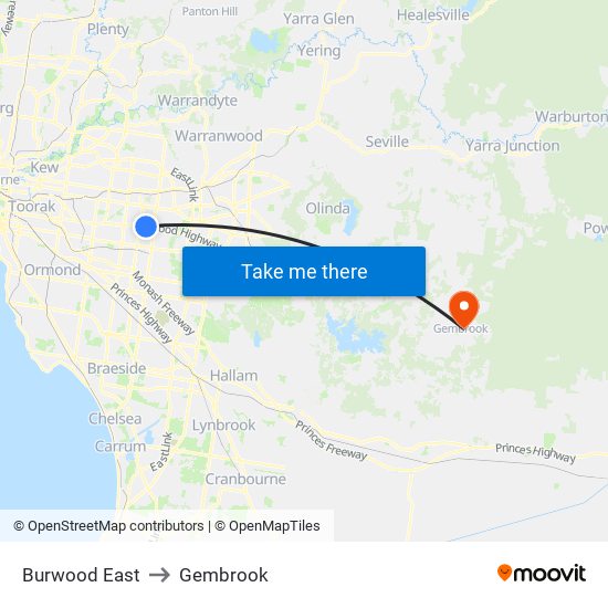 Burwood East to Gembrook map