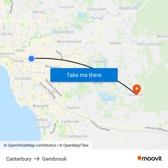 Canterbury to Gembrook map