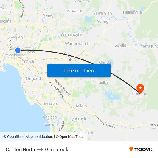 Carlton North to Gembrook map