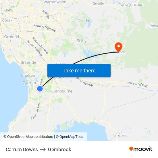 Carrum Downs to Gembrook map