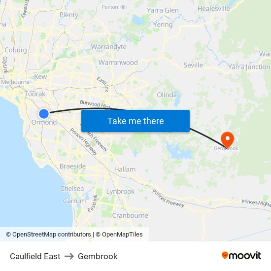 Caulfield East to Gembrook map