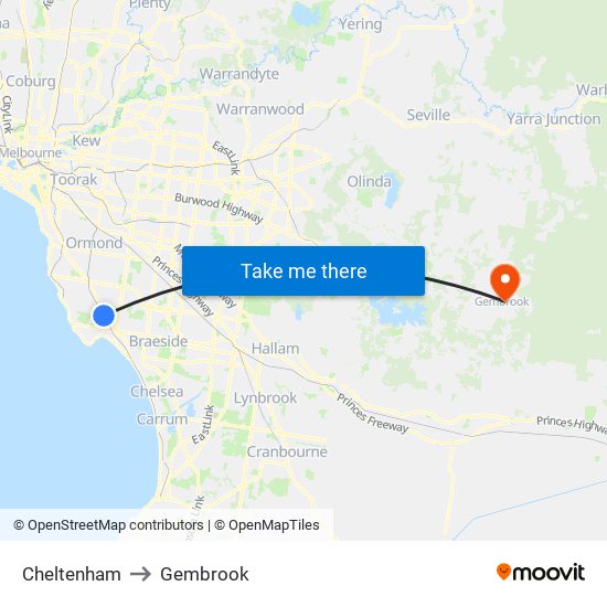 Cheltenham to Gembrook map