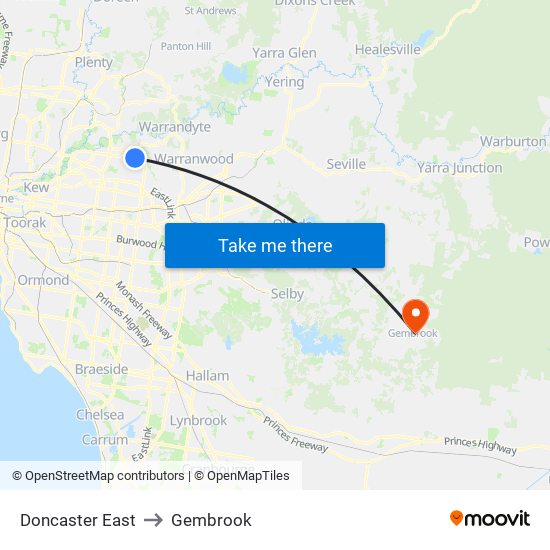 Doncaster East to Gembrook map