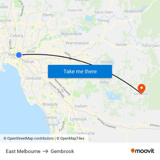 East Melbourne to Gembrook map