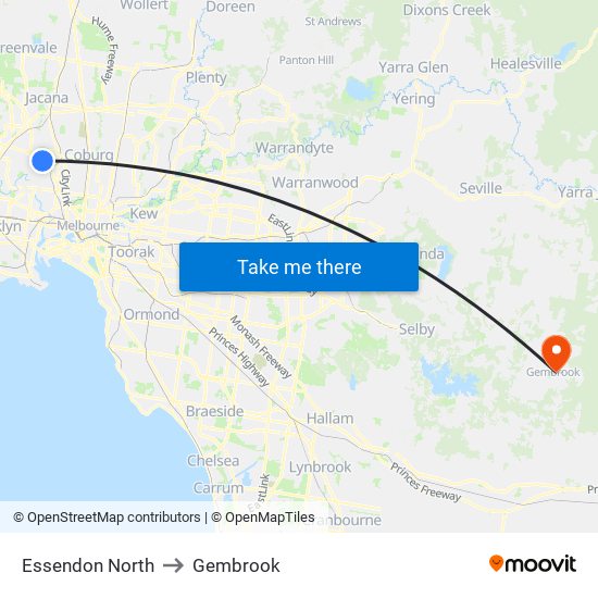 Essendon North to Gembrook map