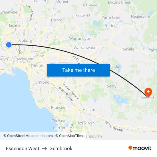 Essendon West to Gembrook map