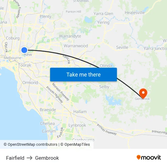 Fairfield to Gembrook map