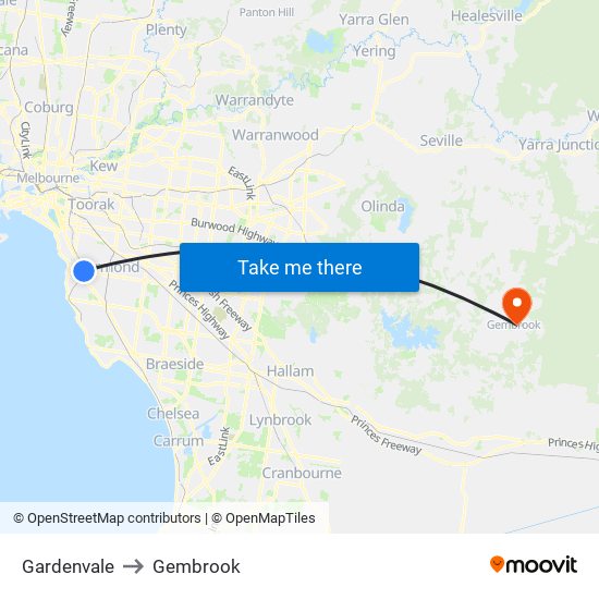 Gardenvale to Gembrook map