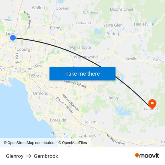 Glenroy to Gembrook map