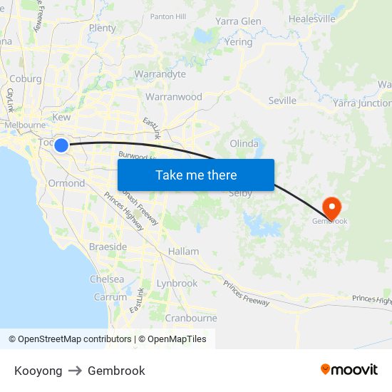 Kooyong to Gembrook map