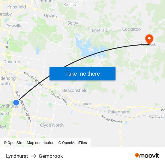 Lyndhurst to Gembrook map