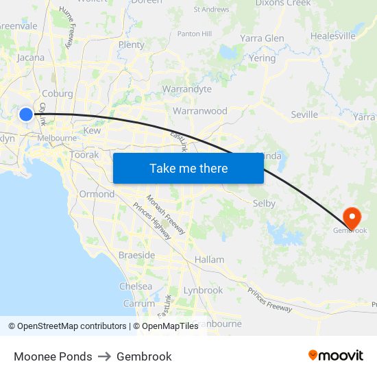 Moonee Ponds to Gembrook map