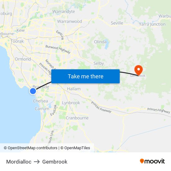 Mordialloc to Gembrook map