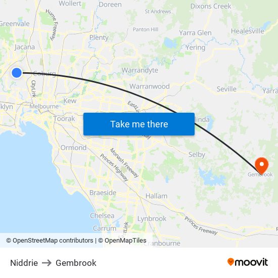 Niddrie to Gembrook map