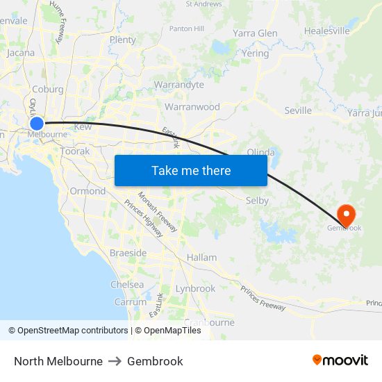 North Melbourne to Gembrook map