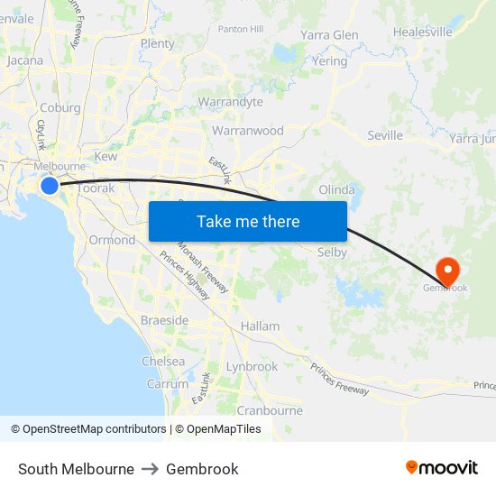 South Melbourne to Gembrook map