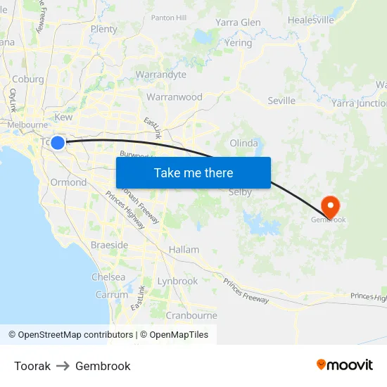 Toorak to Gembrook map