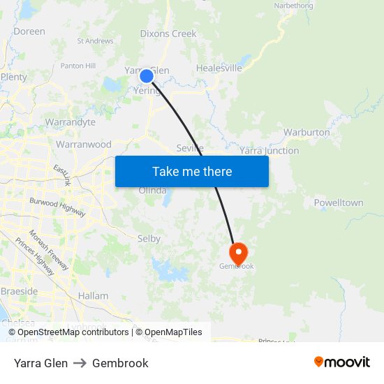 Yarra Glen to Gembrook map