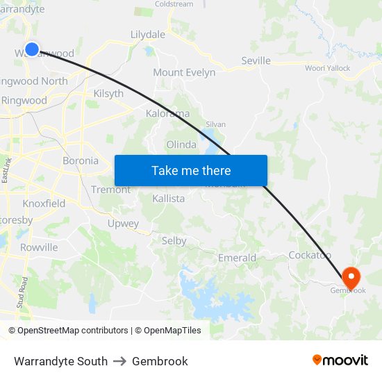 Warrandyte South to Gembrook map