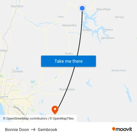 Bonnie Doon to Gembrook map