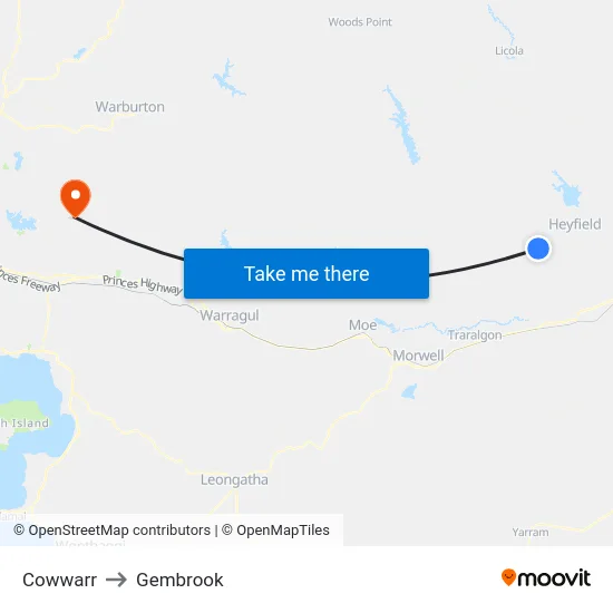 Cowwarr to Gembrook map