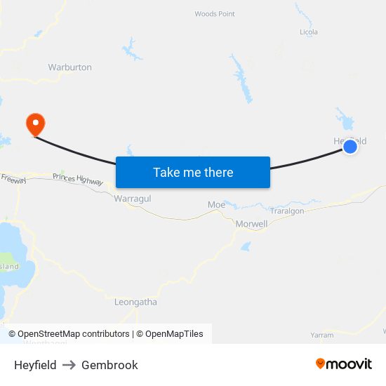 Heyfield to Gembrook map