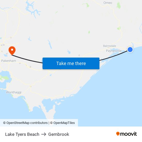 Lake Tyers Beach to Gembrook map