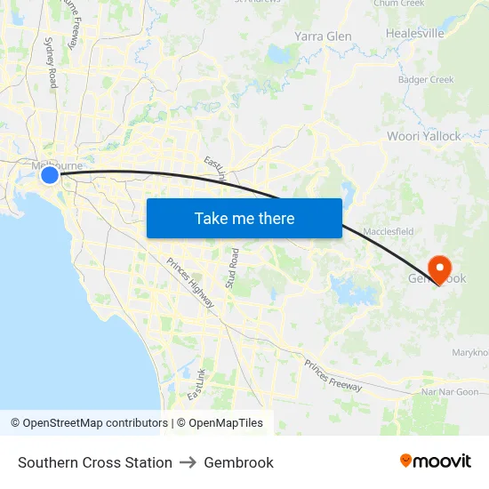 Southern Cross Station to Gembrook map