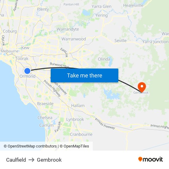 Caulfield to Gembrook map